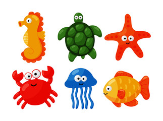 cute funny sea and ocean animals cartoon isolated on white background. illustration vector.  