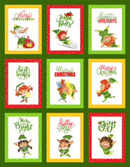 Merry christmas and jingle bells greeting cards. Set of winter postcards for holidays congrats. Xmas character with calligraphic inscription. Elf with bag with presents, kids boys and girls vector