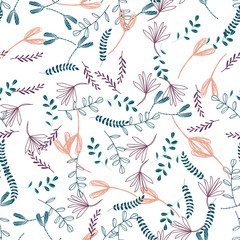 Trendy outline native foliage and leaves seamless pattern. Small and medium elements paradise flora leaves.Vector illustration.