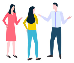 Fototapeta premium Brokers and hucksters, stockbrokers or bill-brokers isolated. Collaboration of colleagues, vector consulting man and woman discussing business issues