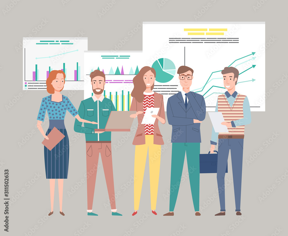 Poster business statistics vector, team dealing with information analysis and results of project, man and w