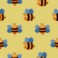 seamless pattern kawaii cute baby bee cartoon on yellow background. illustration vector.