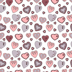 Seamless endless pattern with assorted hearts , hand drawn elements on white background.