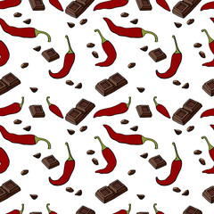 Seamless pattern with spicy pepper and chocolate, hand drawn elements on white background.