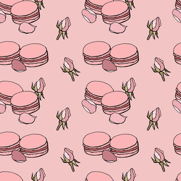 Seamless pattern with pink macaroons and roses, hand drawn elements on pink background.