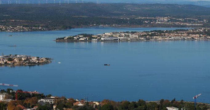 Sète, Hérault department,Occitanie, France. The etang de Thau. On the left side is the Pointe du Barou. On the right side is the town named Balaruc-les-Bains