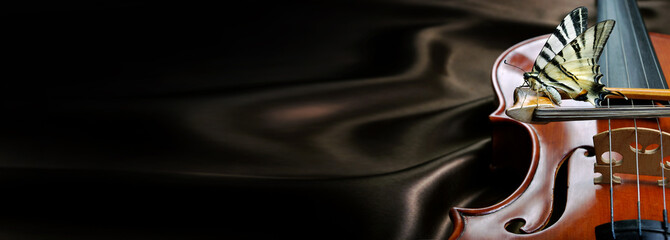 violin and beautiful butterfly on a dark silk background. copy spaces. music concept © Oleksii