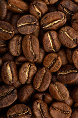 Coffee beans close-up background. Fresh roasted