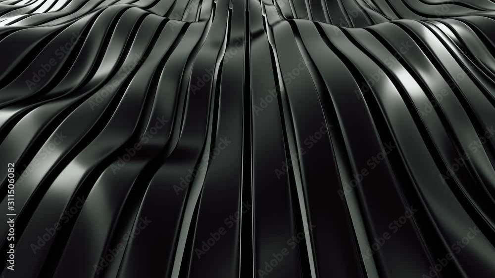 Poster Seamless looping abstract waving metal stripe with light reflection. Industrial and technological concept. 3d rendering.