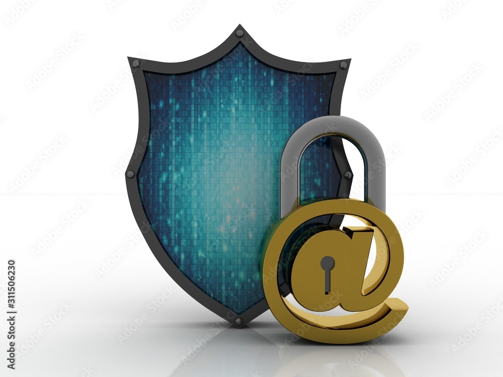 Poster 3d rendering e-mail symbol with lock. internet security concept