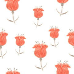 Obraz premium Seamless background. Drawing flowers in the style of primitive art. Hand-drawn illustration for printing on fabric, clothing, tableware, wrapping paper, Wallpaper. 
