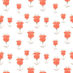 Obraz premium Seamless background. Drawing flowers in the style of primitive art. Hand-drawn illustration for printing on fabric, clothing, tableware, wrapping paper, Wallpaper. 