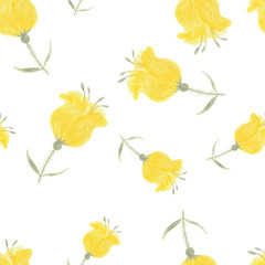 Seamless background. Drawing flowers in the style of primitive art. Hand-drawn illustration for printing on fabric, clothing, tableware, wrapping paper, Wallpaper. 