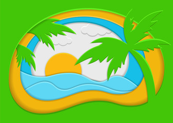 Fototapeta na wymiar Summer background with sea, sand and palm. Paper cut vector illustration