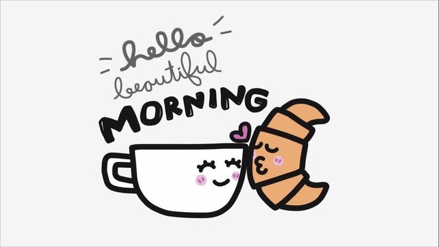 Hello Beautiful morning coffee cup and croissant couple kissing cartoon 