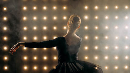 Silhouette of ballerina in black tutu is dancing ballet in the dark studio with smoke and the lights on the background. © alexeg84