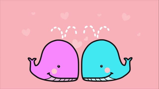 Whale couple pink and blue color love cartoon
