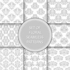 Compilation of floral patterns. Gray design with flowers on white background