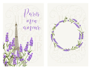 Souvenir card with eiffel tower. Eiffel tower with blooming spring flowers over gray background. Vector illustration.