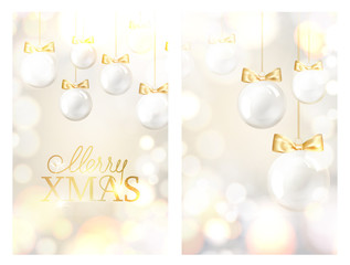 Christmas ball with curves of ribbon confetti. Merry Christmas and Happy New Year greeting card with fir toys and golden confetti for xmas design. Vector illustration.