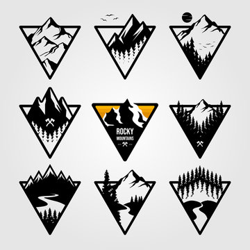 set of vintage mountain triangle logo view landscape outdoor adventure vector illustration design