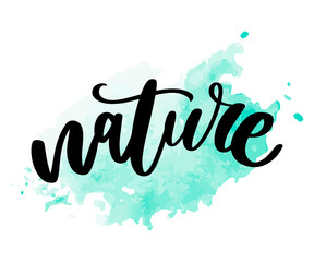 Natural product sticker - handwritten modern calligraphy on grunge green paint strokes. Eco friendly concept for stickers, banners, cards, advertisement. Vector ecology nature design.