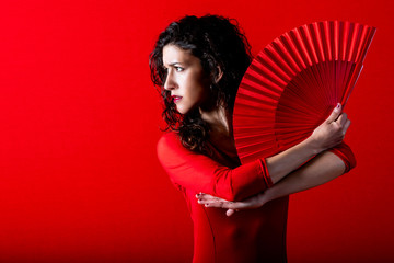 Flamenco dancer, dance with a fan - obrazy, fototapety, plakaty
