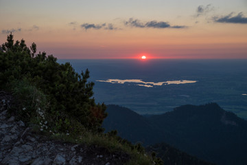 sunset alpine foothills upper bavaria, view to lake staffelsee