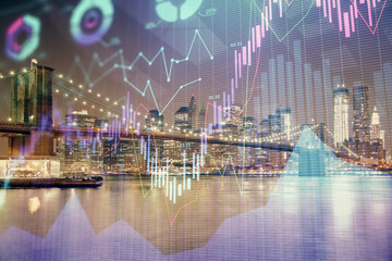 Financial chart on city scape with tall buildings background multi exposure. Analysis concept.