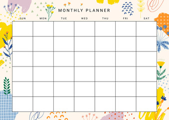 Cute printable Monthly Planner with flower illustrations and abstract design elements. Vector