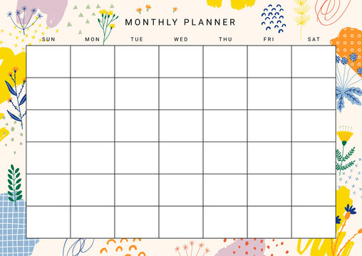 Cute printable Monthly Planner with flower illustrations and abstract design elements. Vector