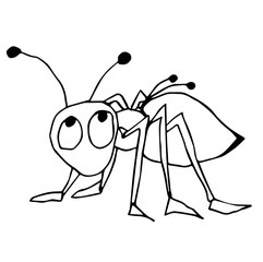 Cute fabulous ant with outlined for coloring book isolated on a white background. Vector illustration of hand drawn black and white ants.