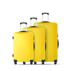 Yellow travel plastic suitcase with wheels realistic hand Luggage