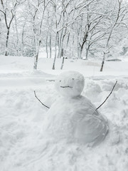 A snowman wearing a black hat and the arms are made of branches is on floor cover with white snow during winter season.