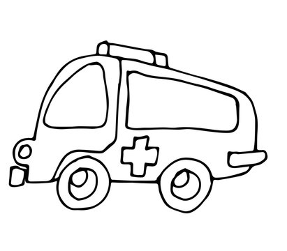 Cute car with outlined for coloring book isolated on a white background. Vector illustration of hand drawn black and white cars. Ambulance.