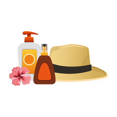 beach hat with sunscreens bottles, colorful design