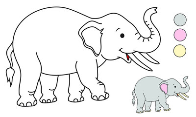 Coloring elephant, cute cartoon character, for children's creativity, print.