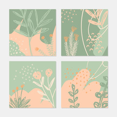 Collection of 4 creative universal cards with nature motifs and abstract elements. Design for poster, card, invitation, banner, flyer. Vector.