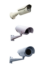Three modern video cameras to track the situation at the object on a white background. Vertically
