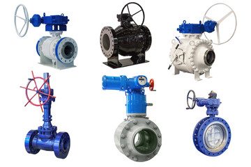 a group of modern shut-off valves of various designs for a gas pipeline isolated on white background