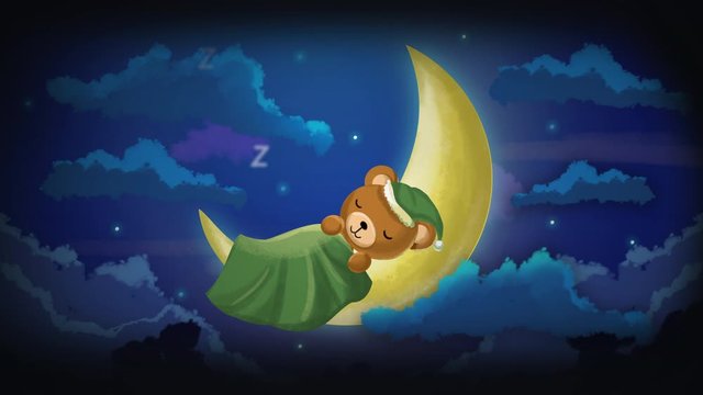 cute teddy bear cartoon sleeping on moon, looped video background.