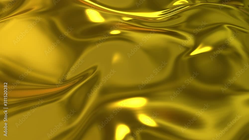 Poster gold silky fabric forms beautiful folds in the air in slow motion. 4k 3d animation of wavy surface f