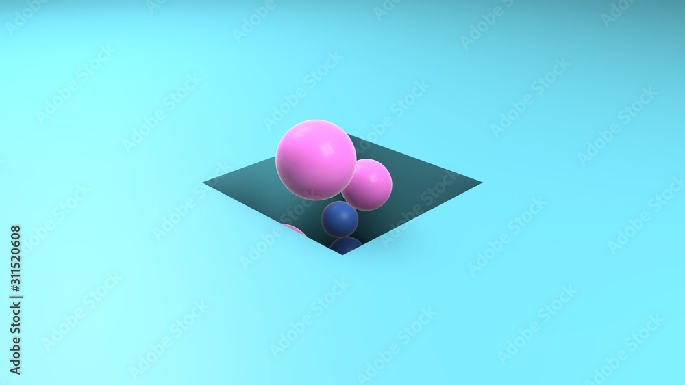 Poster 3d rendering of a blue surface and a perfectly square, cubic-shaped hole. the balls fly to the surfa