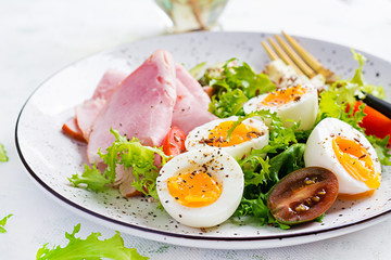 Ketogenic/paleo diet. Boiled eggs, ham, avocado and fresh salad.  Keto breakfast. Brunch.