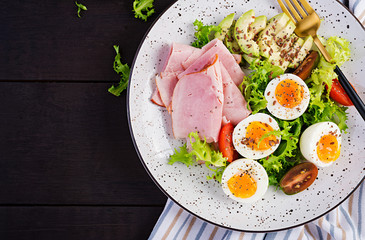 Ketogenic/paleo diet. Boiled eggs, ham, avocado and fresh salad.  Keto breakfast. Brunch.  Top view, overhead