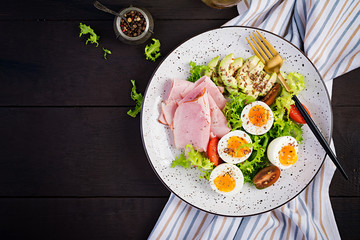 Ketogenic/paleo diet. Boiled eggs, ham, avocado and fresh salad.  Keto breakfast. Brunch.  Top view, overhead