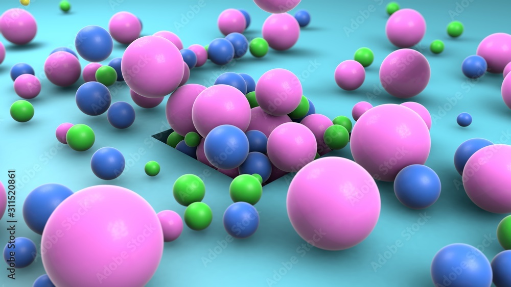 Poster 3d rendering of many colored balls randomly flying out of a square hole on a blue surface. abstract 