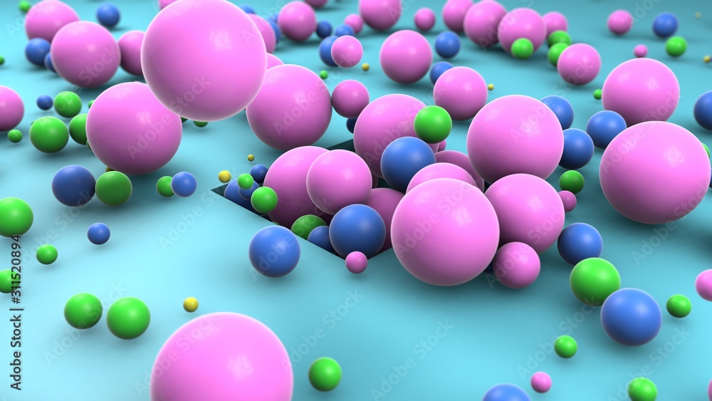 Poster 3d rendering of many colored balls randomly flying out of a square hole on a blue surface. abstract 