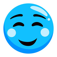 Smiling emoji in blue color, glossy photozone accessory, round sticker of happy smiley. Photoshoot element, expression of humor, funny mood, laughing emoticon isolated. Vector cute emoji symbol