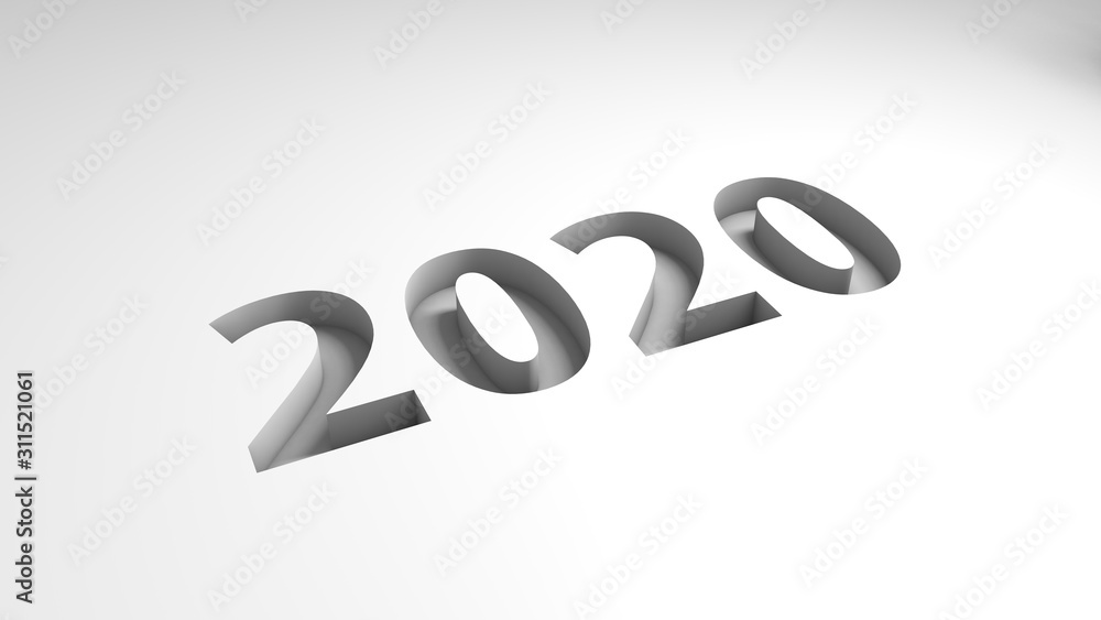 Poster 3d rendering of a white surface in which there is a dip in the shape of 2020, the date of the new ye